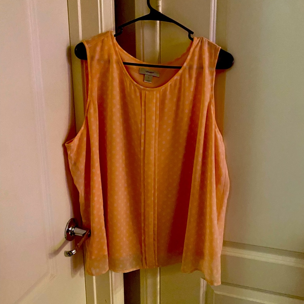 CJ Banks peach and white polka dot sleeveless top. Size 1x